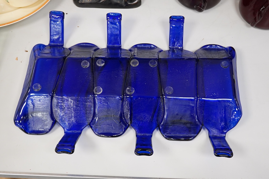 A Mary Canny six sectioned blue bottle art glass tray, 36.5cm deep x 51cm wide
